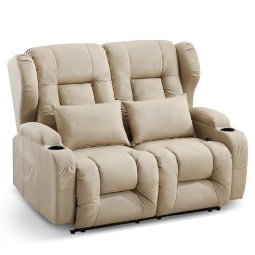Loveseat Recliner Sofa,RV Wall Hugger Recliners for Small Spaces,Reclining Loveseat Sofa Recliner with Cup Holders/Lumbar Pillows,RV Furniture (Beige, 56" 2-Seater) - color: Beige, size: 56" 2-Seater