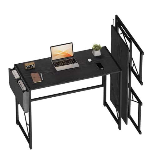 GarveeHome 39.4 Inch Folding Gaming Writing Computer Work Desk for Home Office,with Storage Bag & Hook,Space-Saving,Easy to Fold,Small Table for Bedroom,Apartment,Black - color: Black, size: 39.4"W x 15.7"D