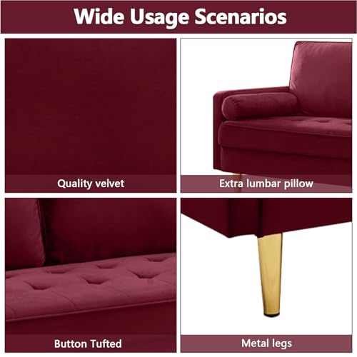 65" Love Seat Sofa, Velvet Small Sofa Small Couch for Bedroom Living Room, Bedroom, Loveseat with 2 Pillows, Gold Legs, Modern Tufted Seat Upholstered Seating for Office, Apartment (Red) - color: Red