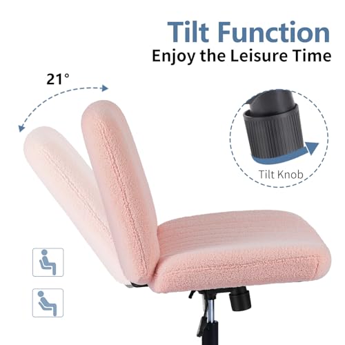 DUMOS Criss Cross Chair No Wheels, Cross Legged Office Desk Armless Vanity Chiar Wide Seat, Height Adjustable Swivel Computer Task Chairs for Home Bedroom, Pink Teddy - color: Pink Teddy