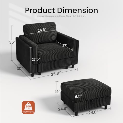 KKL Chaise Lounge with Storage Ottoman, Upholstered Comfy Living Room Chair | Reading Chair with Deep Seat, Single Sofa for Apartments Dorms Offices - color: Black, size: One Seat+Ottoman