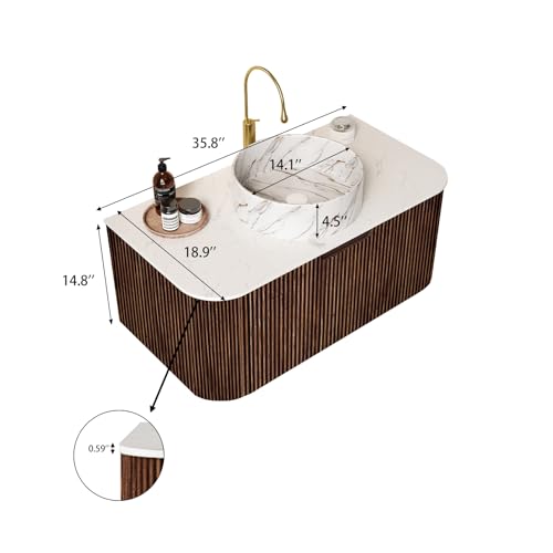36” Floating Bathroom Vanity with Sink, Fluted Wall-Mounted Solid Wood Cabinet, White Marble-Pattern Ceramic Basin, Faux Marble Top, Soft-Close Drawer, Pre-Assembled, Walnut Woodgrain - color: 03 - Walnut Woodgrain, size: 36"