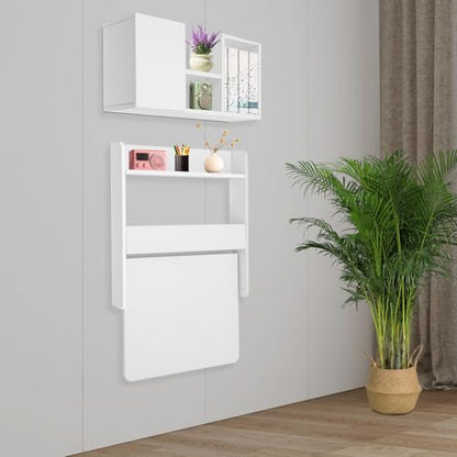 Floating Desk | Wall-Mount Computer Desk | Fold Down Laptop Desk | Writing Study Table | Folding Table Workstation | with Storage Shelves | 14.2in Wide Tabletop (White) - color: White