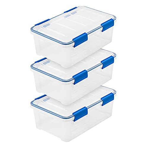 IRIS USA 3-Pack 16 Qt Storage Bins with Gasket Lids, Clear/Blue | WeatherPro seal protects shoes, crafts, documents and supplies from dust and moisture - size: 16 Qt. - 3 Pack