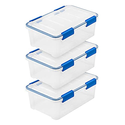 IRIS USA 3-Pack 16 Qt Storage Bins with Gasket Lids, Clear/Blue | WeatherPro seal protects shoes, crafts, documents and supplies from dust and moisture - size: 16 Qt. - 3 Pack