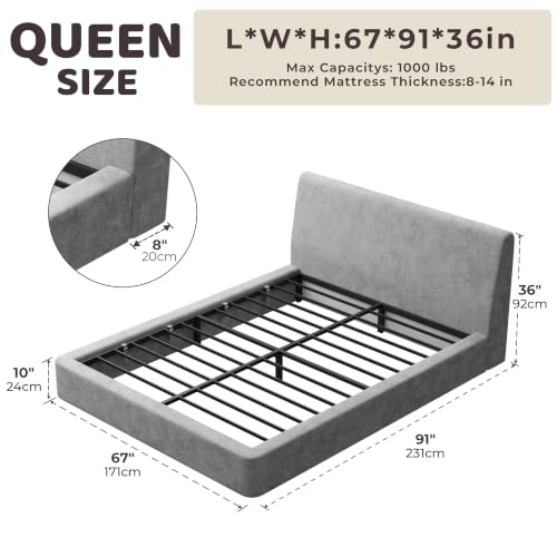 RECCI AirFrame Queen Upholstered Bed Frame with Ergonomic Angled Headboard | Ergonomic Angled Headboard, 360° Soft Foam Surround, Low Profile Cloud Bed Frame, No Box Spring Required, Easy Assembly - color: Moon Grey, size: Queen