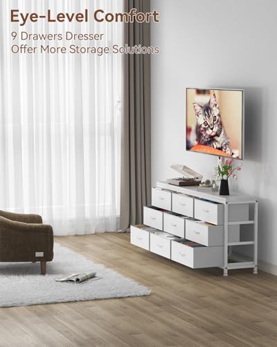 TV Stand with Mount for 32/55/65/75/85 inch TVs, Entertainment Center with 9 Fabric Drawers Dresser Storage, Height Adjustable Media Console - color: White