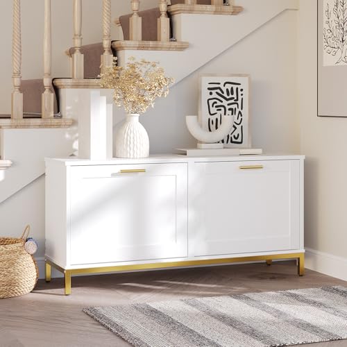HOOBRO Shoe Bench with Storage, Shoe Storage Bench with 2 Flip Drawers, 39.4" Shoe Cabinet with Bench, Hidden Shoe Rack Organizer for Entryway, Foyer, Hallway, White and Gold DW48HX01