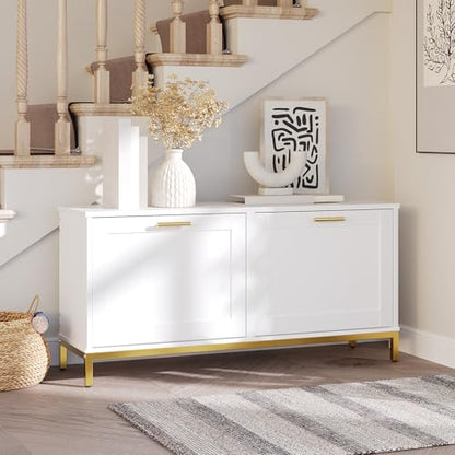 HOOBRO Shoe Bench with Storage, Shoe Storage Bench with 2 Flip Drawers, 39.4" Shoe Cabinet with Bench, Hidden Shoe Rack Organizer for Entryway, Foyer, Hallway, White and Gold DW48HX01