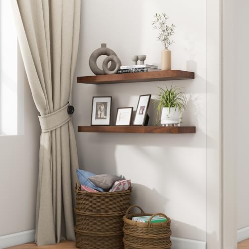 fuqing 30 Inch Floating Shelves 6.7'' Deep Dark Wood Wall Shelves Set of 2 | 30'' x 6.7'' x 1.4'' Rustic Wood Shelves for Bathroom, Living Room, 40LBS, Lightweight, Hardware Included, Waterproof Finish - color: Walnut, size: 30 Inch