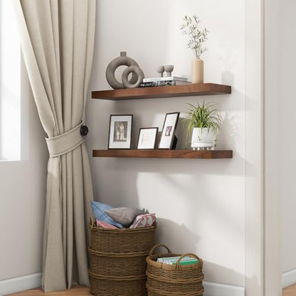 fuqing 30 Inch Floating Shelves 6.7'' Deep Dark Wood Wall Shelves Set of 2 | 30'' x 6.7'' x 1.4'' Rustic Wood Shelves for Bathroom, Living Room, 40LBS, Lightweight, Hardware Included, Waterproof Finish - color: Walnut, size: 30 Inch