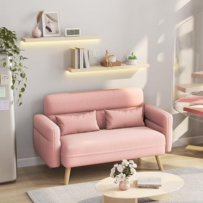 Yaheetech 46" Small Sofa Compact Modern Couch with Wood Legs, Pink | Loveseat Small Sofa in Fabric 2 Seater Couch Features Wood Legs, Lumbar Pillows, Easy Assembly for Living Room, Bedroom, Dorm - color: Pink