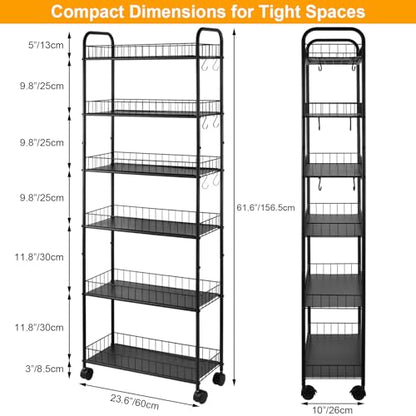 6-Tier Slim Rolling Storage Cart with Wheels Storage Carts Metal Utility Organizer, Narrow Mobile Shelving Unit for Kitchen, Bathroom, Laundry, Office (10in)