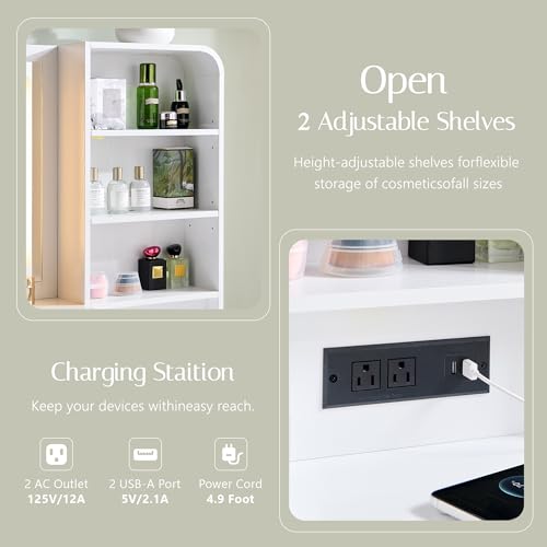 Aitjunz Vanity Desk with Mirror and Lights, 50” Modren Makeup Vanity with 35.43" Mirror and 5 Drawers, Makeup Table with Charging Station for Women and Girls, Bedroom (White) - color: White