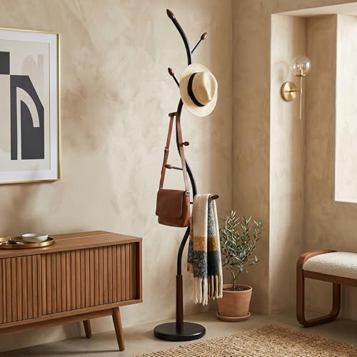 Roundhill Furniture Arles Metal Black and Walnut Standing Coat Rack - color: Black