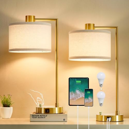 Gold Table Lamp Set of 2, Dimmable Bedside Lamps for Night Stands, USB A+C | Nightstand Lamp with Linen Lampshade, 2 LED Bulbs Included,Desk Lamp for Bedroom, Living Room, End Table, Reading, Office - color: Gold