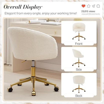 Faux Fur Makeup Vanity Chair,Home Office Desk Chair with Wheels, Blue | Fluffy Swivel Modern Armchair Upholstered Fuzzy Height Adjustable for Teens Women Girls Elegant for Living Room Bedroom - color: Round White+golden Base