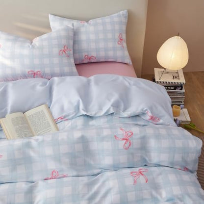 Bow Duvet Cover King Size Blue Plaid Pink Bows Reversible Bedding Set 3 Piece Soft Lightweight Microfiber Kids Bedding Set with Zipper Closure and 2 Pillowcases - color: Blue Plaid Pink Bowknot, size: King(No Comforter)