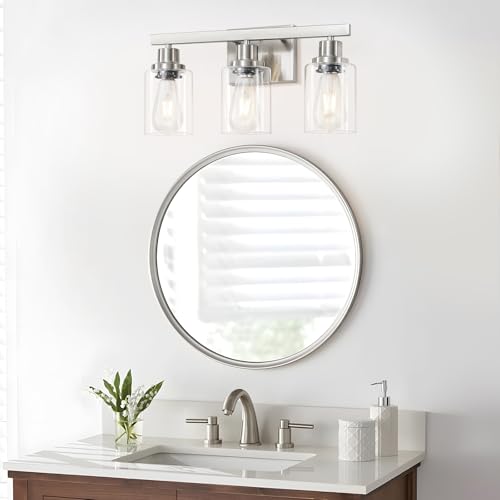 3-Light Bathroom Light Fixtures, Nickel Bathroom Vanity Light with Clear Glass Shade, Modern Bathroom Wall Lights Over Mirror, Farmhouse Wall Sconces Lighting for Bedroom Living Room - color: Nickel, size: 3-light