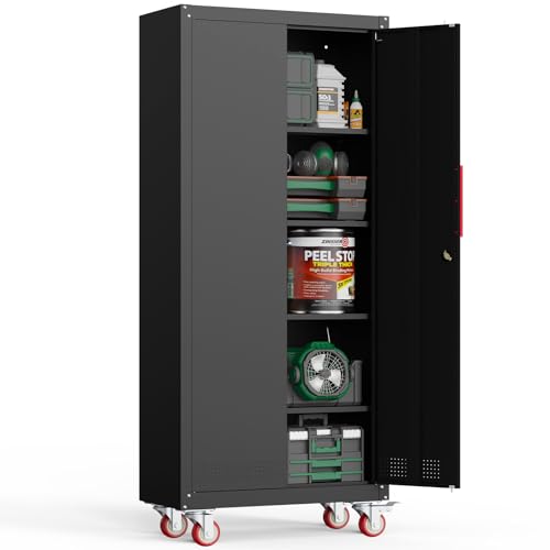 Kelueo 71" Tall Metal Garage Storage Cabinet with Wheels and Locking Doors | Heavy-duty steel rolling tool cabinet,garage cabinets with 4 adjustable shelves for garage,home,office,shop.black - color: Black, size: 71"H