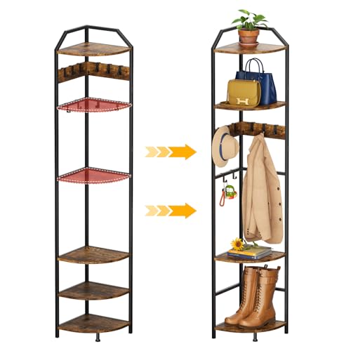 X-cosrack Corner Hall Coat Tree Freestanding with 10 Movable Hook, Shelf-Adjustable Coat Rack Stand for Purse, Hat, Bag and Shoe, Narrow for Small Space Living Room Bedroom Office Entryway Storage