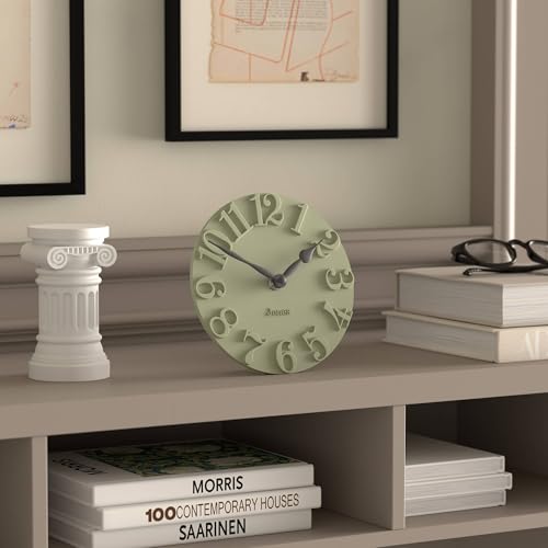 JONES CLOCKS® Hampstead Desk Clock | Freestanding | Sage Green | Elegant Raised Moulded Numerals | Ideal for Shelf, Mantel, Living Room, Home Office or Bedside - color: Sage Green
