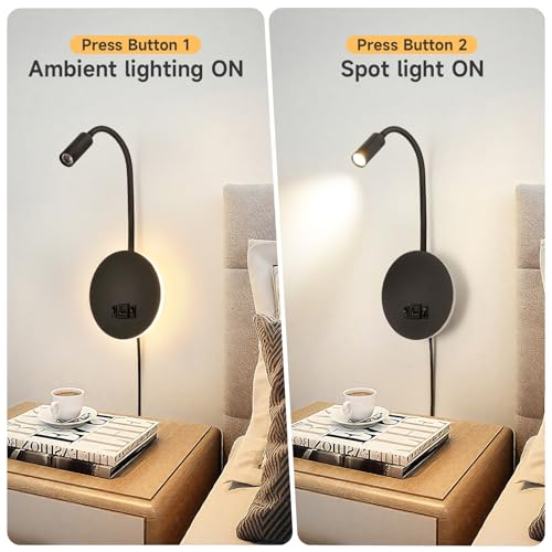 Wall Mounted Reading Light with USB & USB-C Charging Port, Plug-in LED Headboard Reading Light, with Ambient Lighting, Bedside Spot Wall Lamps with Flexible Gooseneck, Black Finished - color: Not Dimmable/Warm White/USB&USB-C