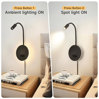 Wall Mounted Reading Light with USB & USB-C Charging Port, Plug-in LED Headboard Reading Light, with Ambient Lighting, Bedside Spot Wall Lamps with Flexible Gooseneck, Black Finished - color: Not Dimmable/Warm White/USB&USB-C