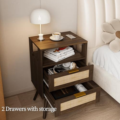 Rattan Nightstand,Farmhouse Bedside Table with 2 Storage Drawer and Open Wood Shelf, for Bedroom and Small Spaces,Night Stand with Solid Wood Legs (Walnut Brown) - color: Walnut Brown