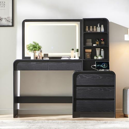 Aitjunz Vanity Desk with Mirror and Lights, 50” Modren Makeup Vanity with 35.43" Mirror and 5 Drawers, Makeup Table with Charging Station for Women and Girls, Bedroom (Black) - color: Black