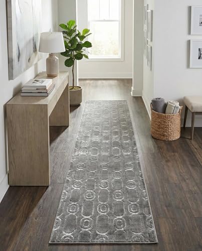 Rugs.com - Vogue Geo Rug – 12 Ft Runner Gray and Silver Easy-Clean Stain-Resistant Runner Rug – Modern Geometric Design for Hallways, Entryways, and High-Traffic Areas - color: Gray and Silver, size: 2'7" x 12' (Runner)