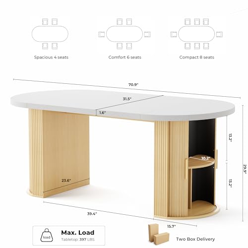 IRONCK 71" Oval Dining Table with Hidden Storage, Oak | Faux quartz-pattern laminate top, dual-sided cabinets, fluted engineered-wood base, and 397 lb capacity. - color: Oak