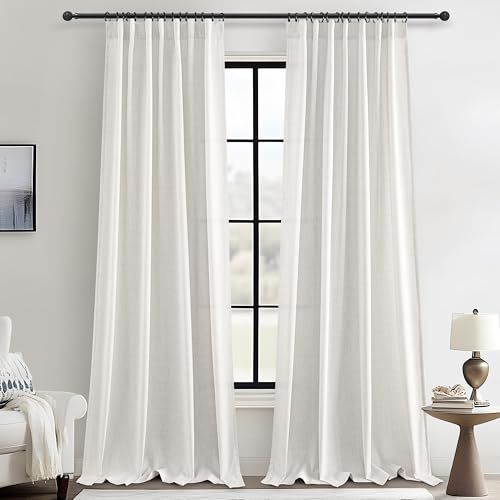 Linen Curtains 92 Inches Long Floor to Ceiling Track Pleated Light Filtering Curtain, Elegant Neutral Privacy Beige Off White Sheer Pleated Window Drapes for Kids Room/Nursery Rod Pocket 2 Panels - color: Beigewhite, size: 52"W x 92"L (Pack of 2)