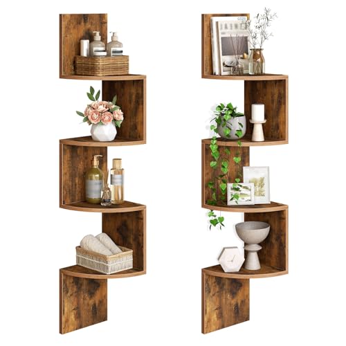 HOOBRO Corner Shelf Wall-Mounted, Set of 2 Floating Corner Shelves for Wall, 4-Tier Corner Bookshelves for Living Room, Bedroom, Bathroom, Home Office, Rustic Brown BF25BJP201 - color: Rustic Brown, size: 41.3 Inches