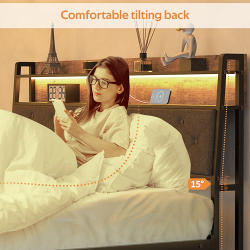 Winkalon Full Bed Frame with Ergonomic Headboard, Platform Bed Frame with RGB Lights, Outlets & Charger, Fast Assembly Bed Full Size, Modern Wood Upholstered Headboard,Gray - size: Full