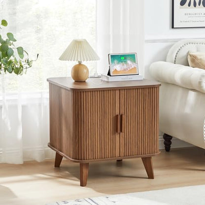 24" Modern End Table with Charging Station, Fluted Side Table,Walnut | Farmhouse Sofa Side Tables Living Room, Mid-Century Wood Nightstand with Sliding Tambour Door & Storage, Wooden End Table - color: Walnut