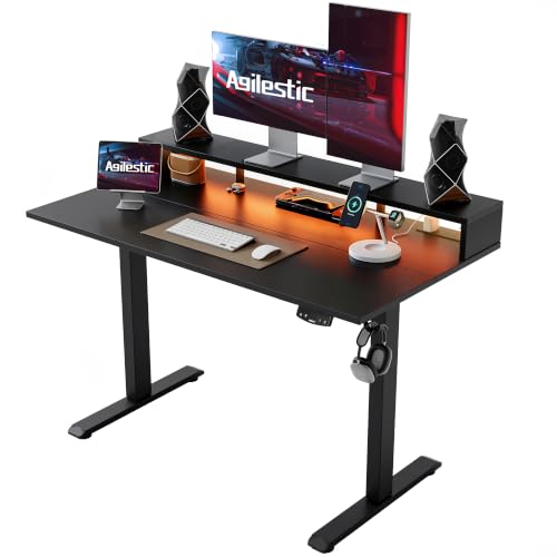 Agilestic 55 * 24 Inch Electric Standing Desk with Shelf & Led, Black | Electric Height Adjustable, Outlets&Led, Monitor Stand, Sturdy Steel Frame, Memory Presets, Hooks, 154 lbs, Splice Board - color: Led-black, size: 55 x 24 Inches with led and power st