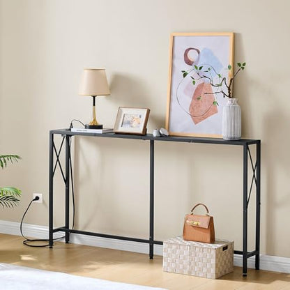 Gewudraw Narrow Console Table with Socket, Sofa Table Behind Couch, Black | 55.1" Couch Table, Industrial Style, Long Skinny Design,For Hallway,Living Room,Bedroom, Built-In Outlets & USB,140cm Length - color: Black, size: 55.1 in