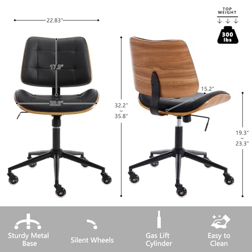 Home Office Desk Chair with Rubber Wheels, Armless Bentwood, Black | Adjustable Height Armless Office Chair, PU Leather Mid Back 360°Small Computer Chair, No Arms Walnut Seating, 300LBS Support - color: Black, size: Standard Style