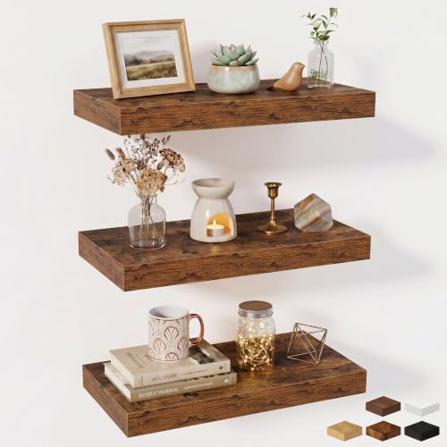 Fun Memories Wood Floating Shelves 20 Inch, 10 Inch Deep Shelves Wall Mount, Wall Shelves with Invisible Bracket, 20" Floating Shelves for Living Room Bathroom Bedroom, Rustic Brown, Set of 3 - color: Brown Color, size: 20W x 10D x 1.5H
