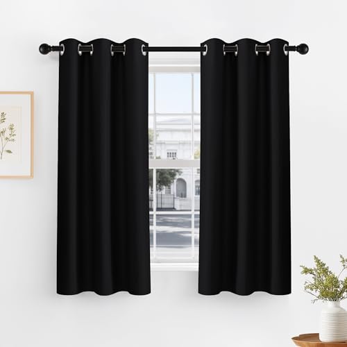 PONY DANCE Black Short Blackout Curtains for Kitchen 45 Inch Length | Thermal Insulated Grommet Curtains for Bedroom, Black Out Drapes for Bathroom Small Window (2 Panels Set, 34 inches Wide) - color: Black, size: 34"W x 45"L (Pack of 2)