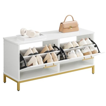 HOOBRO Shoe Bench with Storage, Shoe Storage Bench with 2 Flip Drawers, 39.4" Shoe Cabinet with Bench, Hidden Shoe Rack Organizer for Entryway, Foyer, Hallway, White and Gold DW48HX01