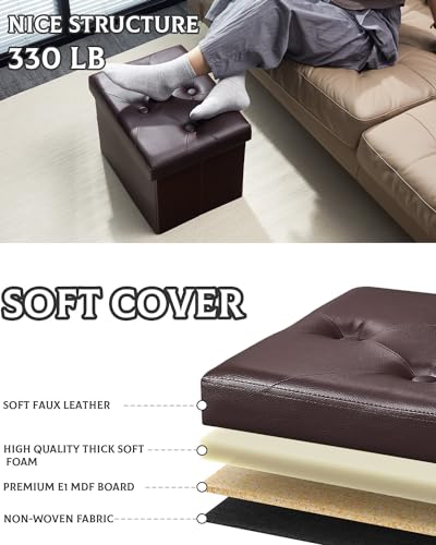 Ottoman with Storage Foot Stool, 17 Inches Folding Storage Ottomans, Leather Upholstered Ottoman Foot Rest with Side Pockets, Suitable for Living Room, Bedroom, Cafe (Brown Rhombus) - size: 17"D x 12.5"W x 12.5"H