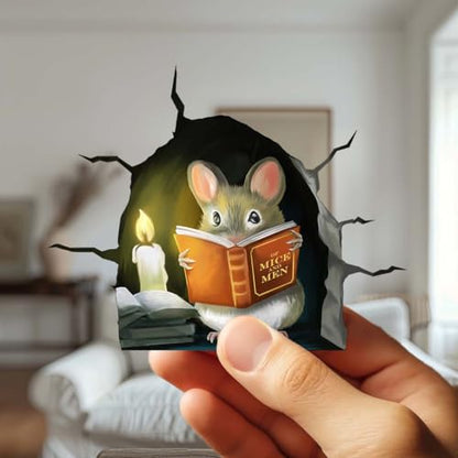 3D Mouse Reading Book in Mouse Hole, Decal Sticker, Removable Wall Decor, Book Lover Gift Idea, Baseboard, Wall Sticker Decal, Kids Room, Classroom, Library - style: Mouse Reading Book With Hole