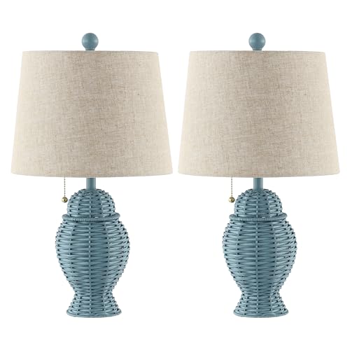 JONATHAN Y 20.5" Wicker Table Lamp, Blue with Beige Shade, Set of 2 | Margie Bohemian Rustic Farmhouse Coastal Urn Rattan Metal, Pull Chain Switch, Linen, LED Bulbs Included - color: Blue