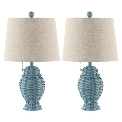 JONATHAN Y 20.5" Wicker Table Lamp, Blue with Beige Shade, Set of 2 | Margie Bohemian Rustic Farmhouse Coastal Urn Rattan Metal, Pull Chain Switch, Linen, LED Bulbs Included - color: Blue