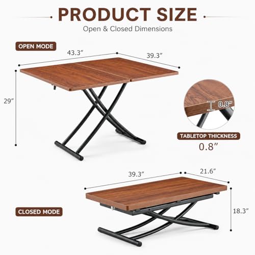 Liftable Folding Dining Table for 4, Adjustable Drop Leaf Table, Folding Coffee Table for Small Spaces, Scratch-Resistant Wood Top with Metal Frame for Apartment Kitchen Living Room - color: Walnut-black