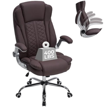400lbs Executive Office Chair with Flip-Up Armrests, Big and Tall Computer Chair for Heavy People, Heavy Duty Ergonomic Comfy Chair, Breathable PU Leather (Darkbrown) - color: Darkbrown