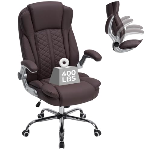 400lbs Executive Office Chair with Flip-Up Armrests, Big and Tall Computer Chair for Heavy People, Heavy Duty Ergonomic Comfy Chair, Breathable PU Leather (Darkbrown) - color: Darkbrown