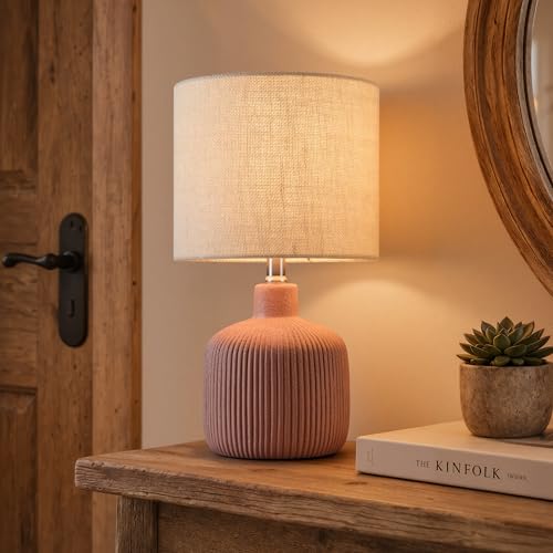 Ceramic Table Lamp, 17.75" Rustic Farmhouse Bedside Lamp with Beige Linen Shade, Warm Ambient Nightstand Lighting for Bedroom or Living Room, Painted Terra - color: Terracotta